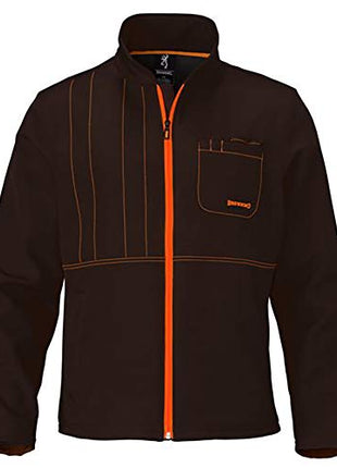 Brown jacket with orange zipper and accents on a white background