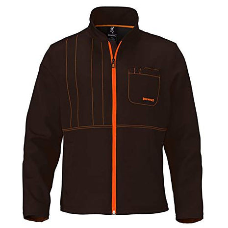 Brown jacket with orange zipper and accents on a white background