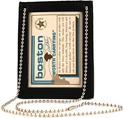 Boston Leather 5845Npb Badge And Id Holder With Neck Chain Plain Finish (Black Leather). Fits Around The Neck, In A Pocket Or On A Belt